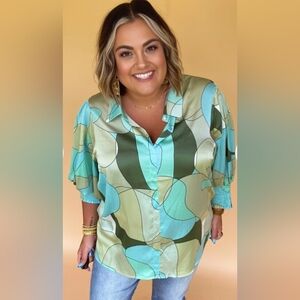 First Love Blouse, Size 1X,   Abstract Print, Blue Green, Silky